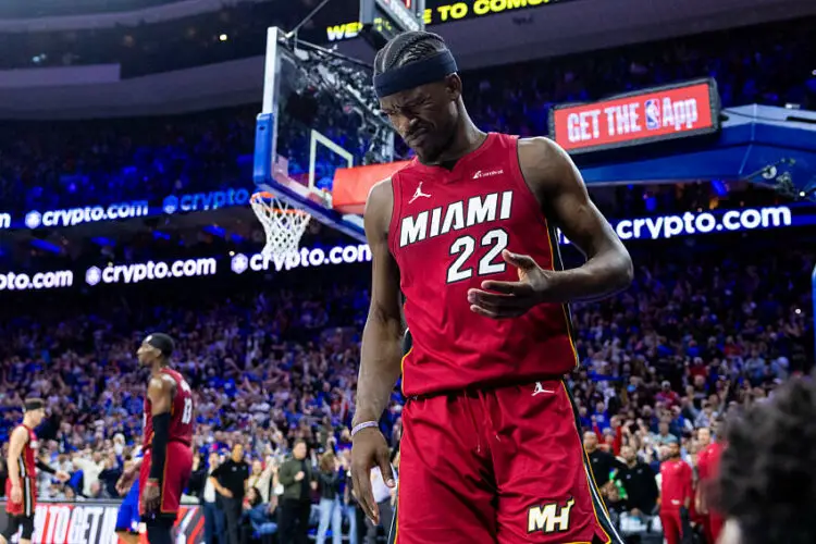 Apr 17, 2024; Philadelphia, Pennsylvania, USA; Miami Heat forward Jimmy Butler (22) reacts after a collision during the fourth quarter against the Philadelphia 76ers in a play-in game of the 2024 NBA playoffs at Wells Fargo Center. Mandatory Credit: Bill Streicher-USA TODAY Sports/Sipa USA   - Photo by Icon Sport