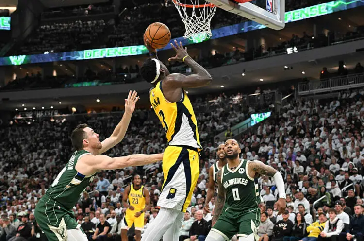 Apr 23, 2024; Milwaukee, Wisconsin, USA; Indiana Pacers forward Pascal Siakam  (43) shoots the ball over the Milwaukee Bucks in the second half during game two of the first round for the 2024 NBA playoffs at Fiserv Forum. Mandatory Credit: Michael McLoone-USA TODAY Sports/Sipa USA   Photo by Icon sport   - Photo by Icon Sport