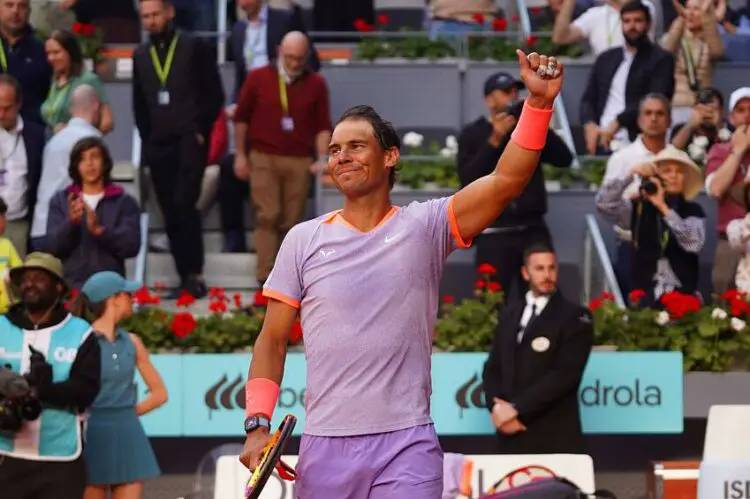 25th April 2024. Madrid, Spain:  Masters 1000 Series Mutua Madrid Open 2024 at La Caja Magica stadium. Rafael Nadal (SPA) celebrates his win over Darwin Blanch (US)   - Photo by Icon Sport