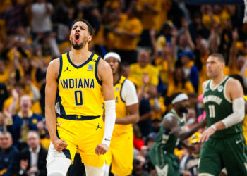Apr 26, 2024; Indianapolis, Indiana, USA; Indiana Pacers guard Tyrese Haliburton (0) reacts to a made basket during game three of the first round for the 2024 NBA playoffs against the Milwaukee Bucks at Gainbridge Fieldhouse. Mandatory Credit: Trevor Ruszkowski-USA TODAY Sports/Sipa USA   - Photo by Icon Sport