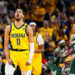 Apr 26, 2024; Indianapolis, Indiana, USA; Indiana Pacers guard Tyrese Haliburton (0) reacts to a made basket during game three of the first round for the 2024 NBA playoffs against the Milwaukee Bucks at Gainbridge Fieldhouse. Mandatory Credit: Trevor Ruszkowski-USA TODAY Sports/Sipa USA   - Photo by Icon Sport