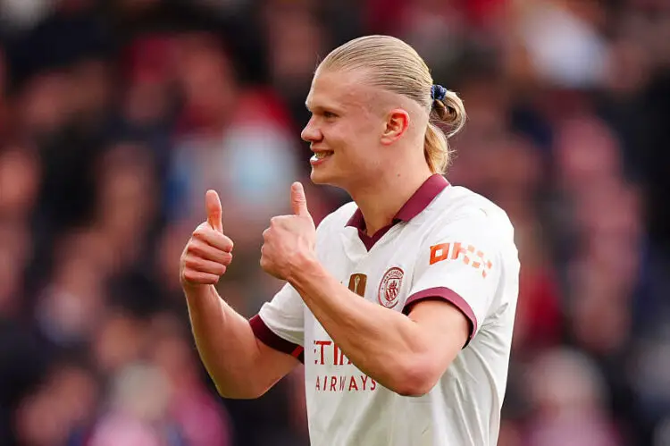 Manchester City's Erling Haaland celebrates after scoring their side's second goal of the game during the Premier League match at the City Ground, Nottingham. Picture date: Sunday April 28, 2024.   - Photo by Icon Sport