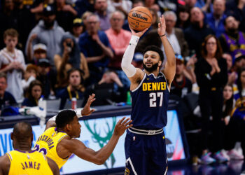 Apr 29, 2024; Denver, Colorado, USA; Denver Nuggets guard Jamal Murray (27) takes a shot against Los Angeles Lakers forward Rui Hachimura (28) in the fourth quarter during game five of the first round for the 2024 NBA playoffs at Ball Arena. Mandatory Credit: Isaiah J. Downing-USA TODAY Sports/Sipa USA   - Photo by Icon Sport