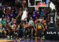 Apr 28, 2024; Phoenix, Arizona, USA; Minnesota Timberwolves guard Anthony Edwards (5) dunks against the Phoenix Suns during the second half of game four of the first round for the 2024 NBA playoffs at Footprint Center. Mandatory Credit: Joe Camporeale-USA TODAY Sports/Sipa USA   - Photo by Icon Sport