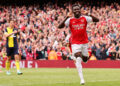 London, England, 4th May 2024. Bukayo Saka of Arsenal celebrates scoring his sides opening goal during the Premier League match at the Emirates Stadium, London. Picture credit should read: David Klein / Sportimage   - Photo by Icon Sport