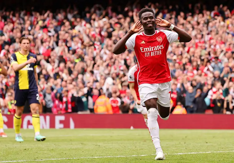 London, England, 4th May 2024. Bukayo Saka of Arsenal celebrates scoring his sides opening goal during the Premier League match at the Emirates Stadium, London. Picture credit should read: David Klein / Sportimage   - Photo by Icon Sport