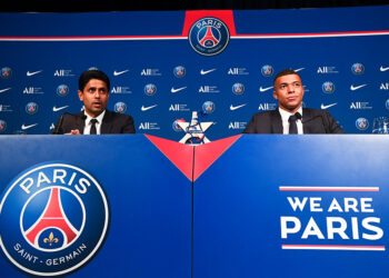 Nasser al Khelaifi (President PSG) - 07 Kylian MBAPPE (psg) during the Press Conference of Paris Saint-Germain at Parc des Princes on May 23, 2022 in Paris, France. (Photo by Philippe Lecoeur/FEP/Icon Sport) - Photo by Icon sport   - Photo by Icon Sport