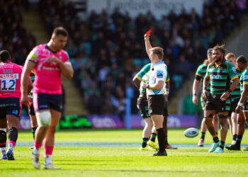 Referee Christophe Ridley shows a red card to Leicester Tigers' Solomone Kata during the Gallagher Premiership match at the cinch Stadium at Franklin's Gardens, Northampton. Picture date: Saturday April 20, 2024. Photo by Icon sport   - Photo by Icon Sport