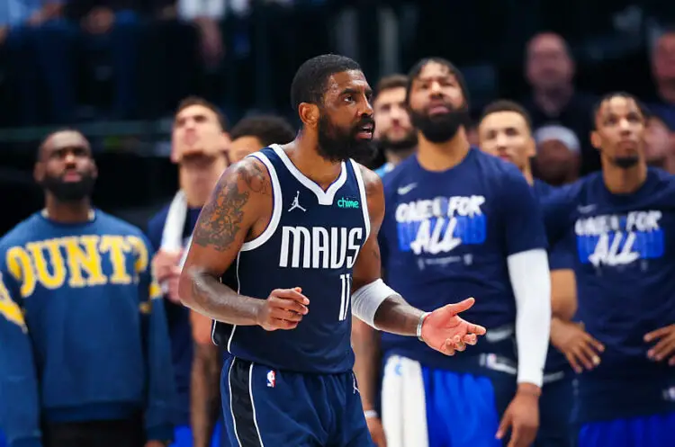 Apr 28, 2024; Dallas, Texas, USA;  Dallas Mavericks guard Kyrie Irving (11) react during the first half against the LA Clippers during game four of the first round for the 2024 NBA playoffs at American Airlines Center. Mandatory Credit: Kevin Jairaj-USA TODAY Sports/Sipa USA   - Photo by Icon Sport