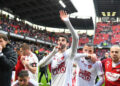 Pierre LEES-MELOU of Stade Brestois, Adrien LEBEAU of Stade Brestois 29 ,Gregoire COUDERT of Stade Brestois 29 29 and Mathias PEREIRA LAGE  after game during the Ligue 1 Uber Eats match between Rennes and Brest at Roazhon Park on April 28, 2024 in Rennes, France. (Photo by Christophe Saidi/FEP/Icon Sport)   - Photo by Icon Sport