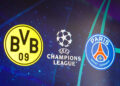 In this photo illustration, the shields of the Borussia Dortmund and Paris Saint-Germain (PSG) teams playing in the semi-final of the UEFA Champions League this Wednesday May 1, 2024, at the Signal Iduna Park, in Dortmund. (Photo by Rafael Henrique / SOPA Images/Sipa USA)  Strictly for editorial news purposes only    - Photo by Icon Sport