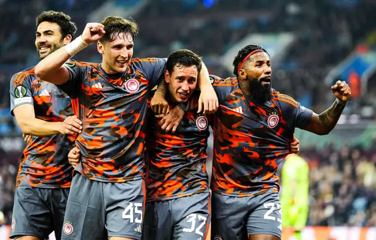 Olympiacos' Santiago Hezze (centre) celebrates with team-mates after scoring their fourth goal of the game during the UEFA Conference League semi-final, first leg match at Villa Park, Birmingham. Picture date: Thursday May 2, 2024.   Photo by Icon Sport   - Photo by Icon Sport