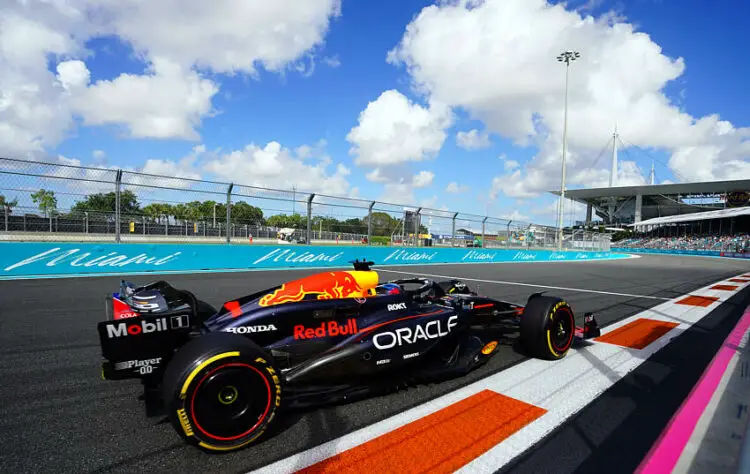 May 3, 2024; Miami Gardens, Florida, USA; Red Bull Racing driver Max Verstappen (1) races out of turn 17 during F1 Sprint Qualifying at Miami International Autodrome. Mandatory Credit: John David Mercer-USA TODAY Sports/Sipa USA   - Photo by Icon Sport