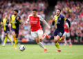 Arsenal's Gabriel Martinelli and Bournemouth's Adam Smith battle for the ball during the Premier League match at the Emirates Stadium, London. Picture date: Saturday May 4, 2024.   - Photo by Icon Sport