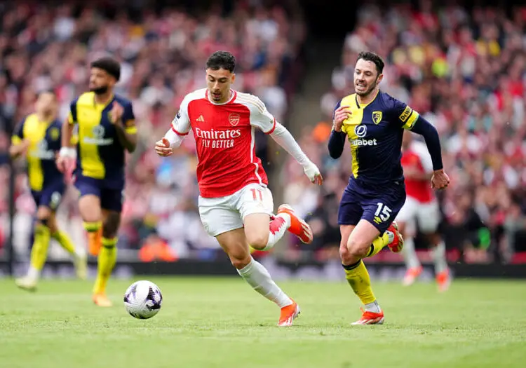 Arsenal's Gabriel Martinelli and Bournemouth's Adam Smith battle for the ball during the Premier League match at the Emirates Stadium, London. Picture date: Saturday May 4, 2024.   - Photo by Icon Sport