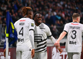 Christopher WOOH of Stade Rennais FC , Arnaud KALIMUENDO of Stade Rennais FC and Adrien TRUFFERT of Stade Rennais FC celebrate after scores during the Ligue 1 Uber Eats match between Metz and Rennes at Stade Saint-Symphorien on May 4, 2024 in Metz, France.(Photo by Sandra Ruhaut/Icon Sport)   - Photo by Icon Sport