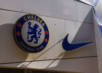 5th May 2024; Stamford Bridge, Chelsea, London, England: Premier League Football, Chelsea versus West Ham United; Chelsea crest next to Nike Logo outside the club shop Photo by Icon sport   - Photo by Icon Sport