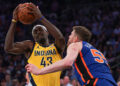 May 14, 2024; New York, New York, USA; Indiana Pacers forward Pascal Siakam (43) drives to the basket against New York Knicks center Isaiah Hartenstein (55) during the first half during game five of the second round for the 2024 NBA playoffs at Madison Square Garden. Mandatory Credit: Vincent Carchietta-USA TODAY Sports/Sipa USA   - Photo by Icon Sport