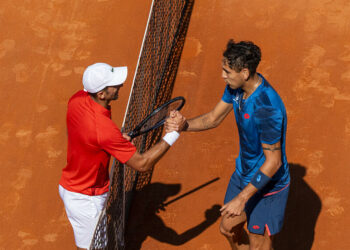 Alejandro Tabilo (R) of Chile is congratulated by Novak Djokovic (L) of Serbia after the Men's Singles third round match on Day Seven of the Internazionali BNL D'Italia 2024 at Foro Italico in Rome, Italy. Alejandro Tabilo won against Novak Djokovic 6-2, 6-3 (Photo by Stefano Costantino / SOPA Images/Sipa USA)   - Photo by Icon Sport
