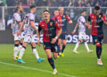 Genoa's Vitinha celebrates after scoring the 2-0 goal for his team during the Serie A soccer match between Genoa and Bologna at the Luigi Ferraris Stadium in Genoa, Italy - Friday, May 24, 2024. Sport - Soccer . (Photo by Tano Pecoraro/Lapresse)   - Photo by Icon Sport