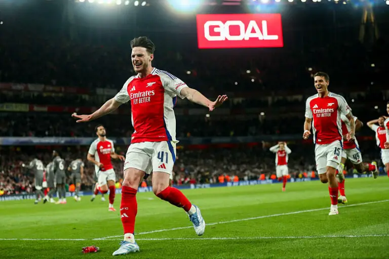 Declan Rice après son 2e coup franc lors d'Arsenal / Real Madrid