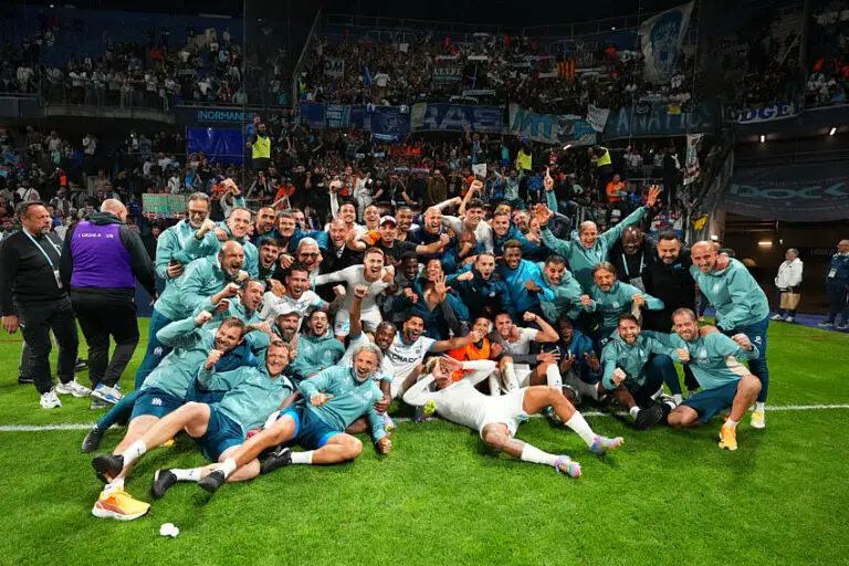 Les joueurs de l'OM après la victoire au Havre